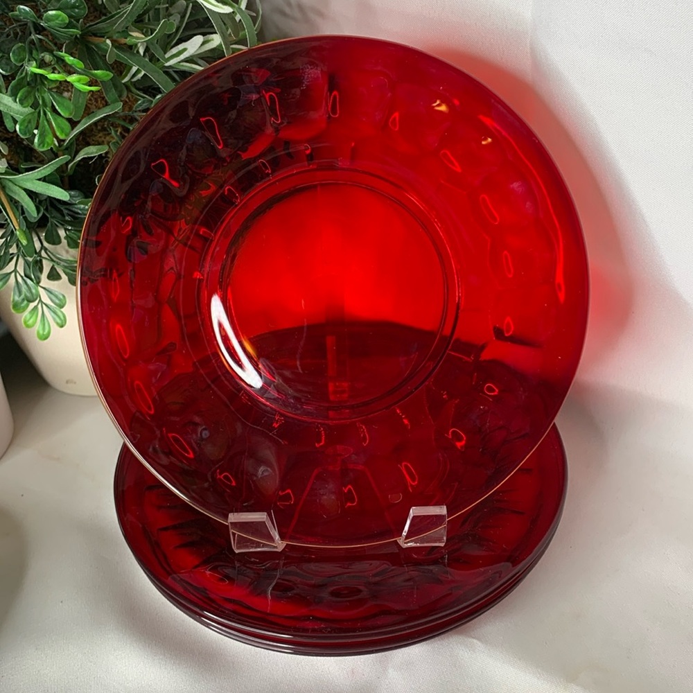 Set of 4 vintage HTF Viking Georgian Ruby red 8 1/8” glass salad /dessert plates